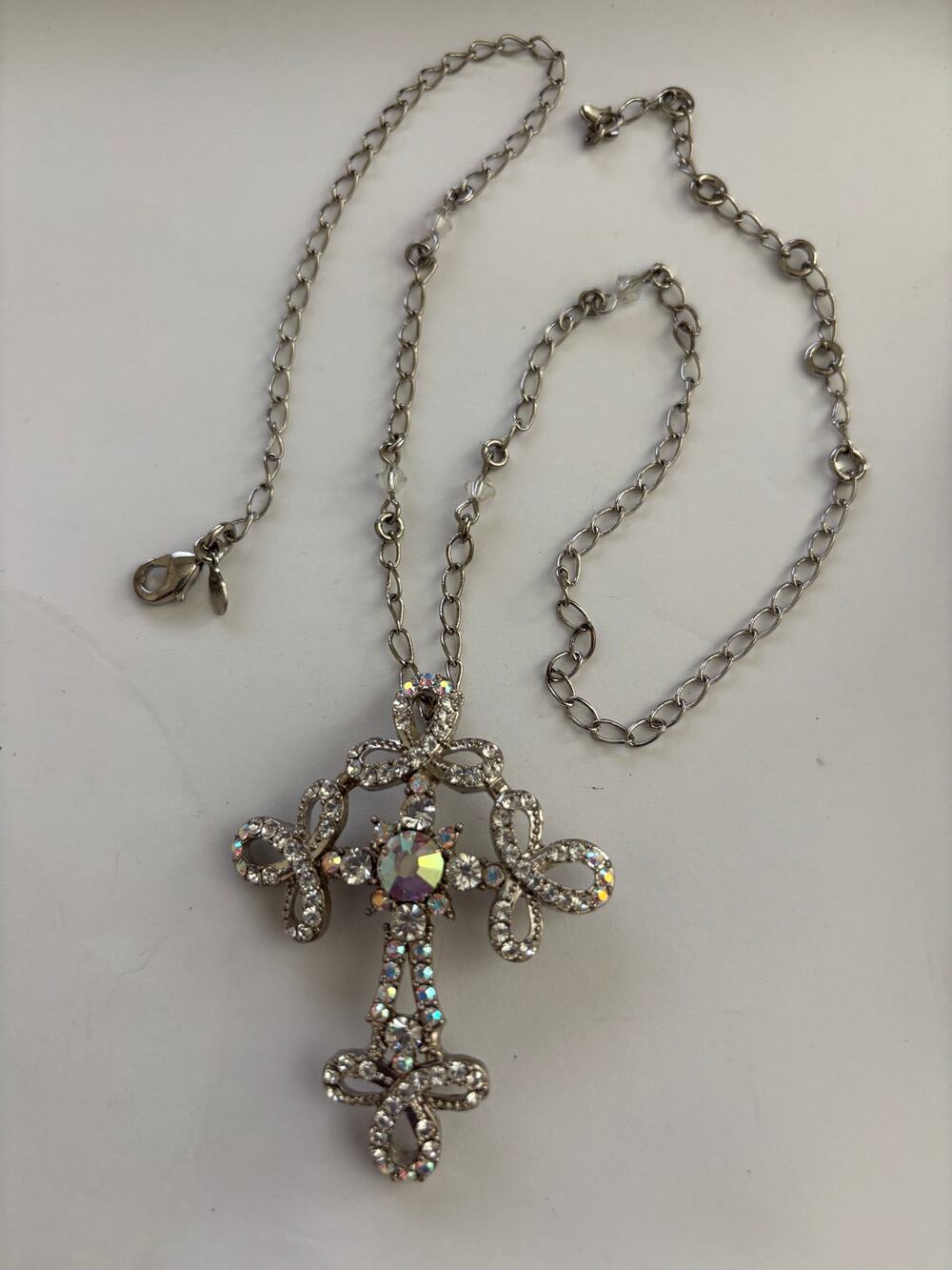 Vintage Kirks Folly Cross Pendant Chain Necklace Silver Tone AB crystals